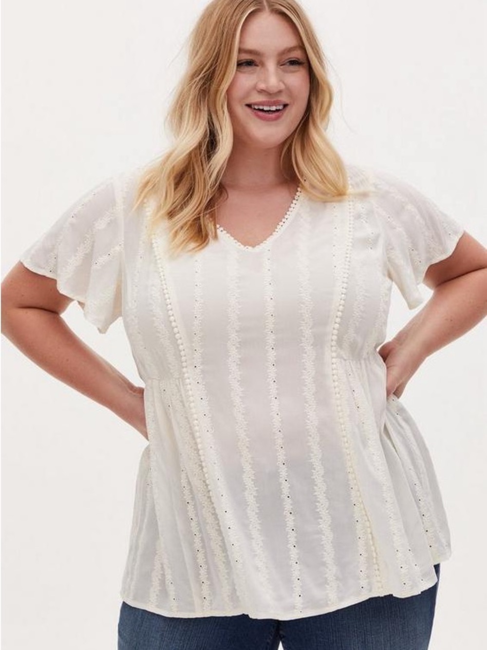 Torrid Ivory Eyelet Embroidered Floral V-Neck Sheer Blouse 1X